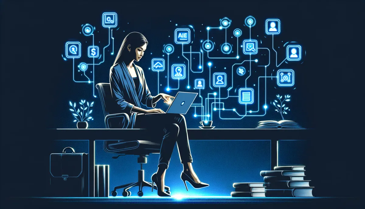 Small business owner at laptop with AI workflow automation cards